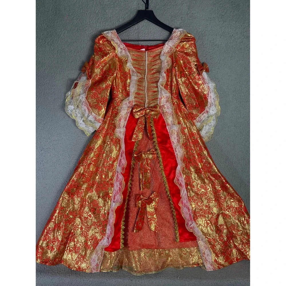 Girls Red Gold Brocade Marie Antoinette Rococo Costume Gown Dress Size 10-12
